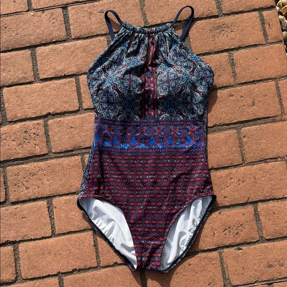 Dreamsuit Multicolor Mosaic Patterned Swimsuit One Piece Blue Burgundy Size 8